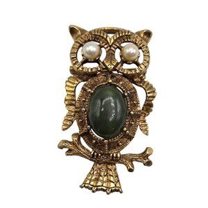 Vintage Gold-Tone Owl Brooch With Green Cabochon & Faux Pearl Eyes